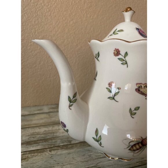 Burton + Burton Morning Meadows Teapot Butterflies Bees Flower Gold Trim - 4 Cup - Picture 3 of 16